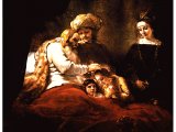 `Jacob Blesses Joseph`s Sons` by Rembrandt (1606-69). The dying Jacob gives the blessing to the younger boy, Ephraim Canvas, 1656. Kassel, Gem ldegalerie.